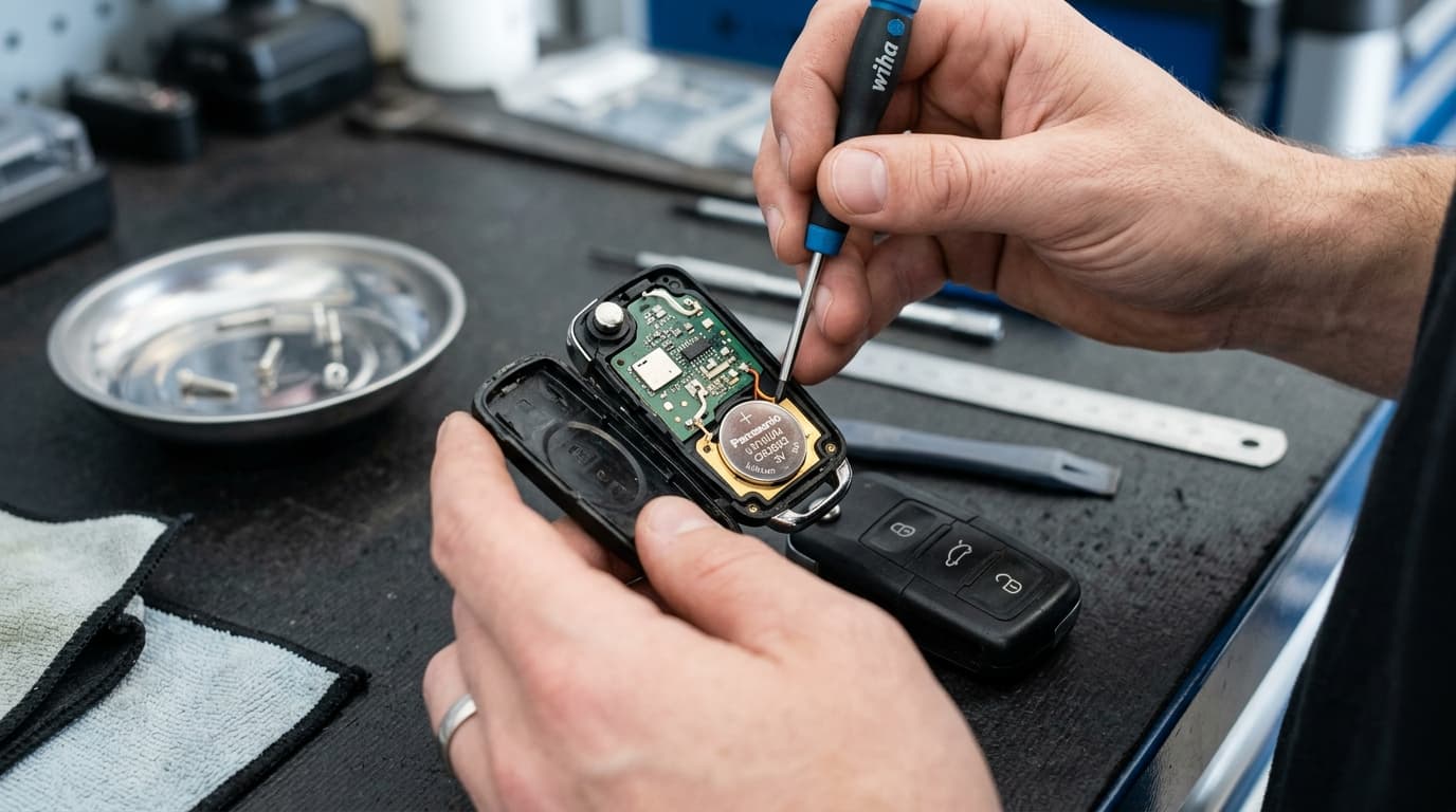 Person wechselt die Batterie eines Autoschlüssels