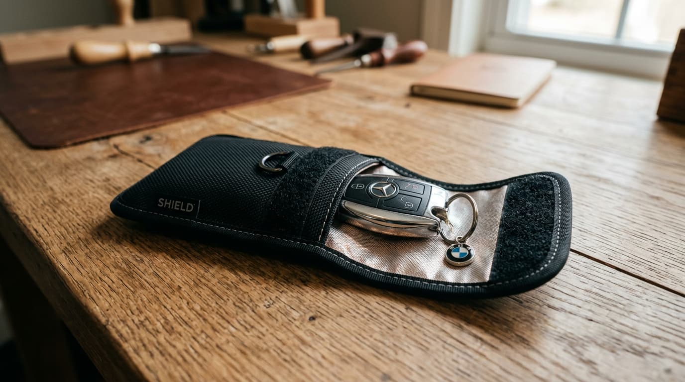 Autoschlüssel in einer Faraday-Tasche schützt vor Signalverstärkung