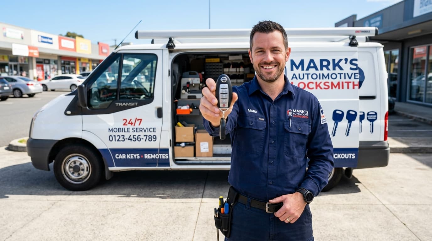 Professioneller Autoschlüsseldienst vor seinem Servicefahrzeug