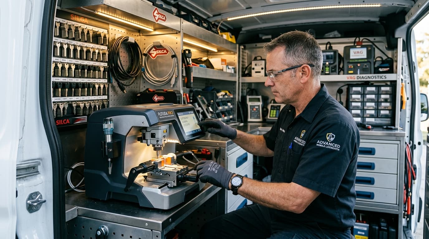 Schlüsseldienst fräst einen neuen Autoschlüssel in einem Servicefahrzeug